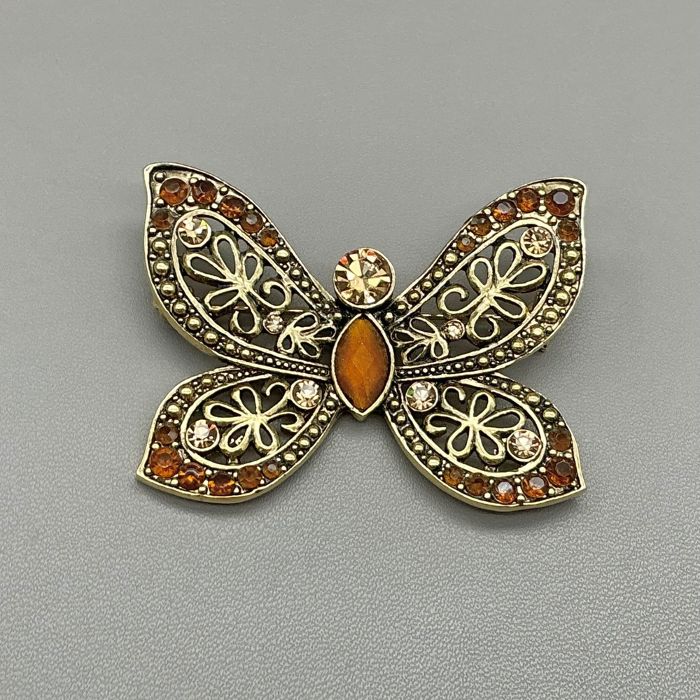 Butterfly Pin Brooch Women Amber Gold Tone Rhinestone Filigree Fashion Accessory